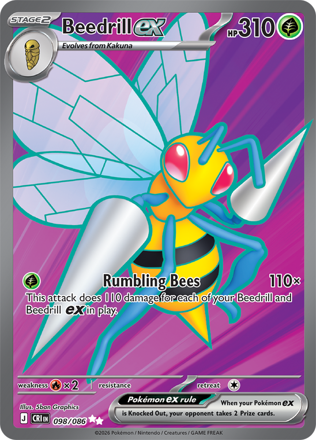 Carta Individual Pokémon Beedrill EX Ultra Rara 098/086, Stage 2 Pokémon 310 HP, set Chaos Rising, Ilustración de 5ban Graphics - Thunder Cards México