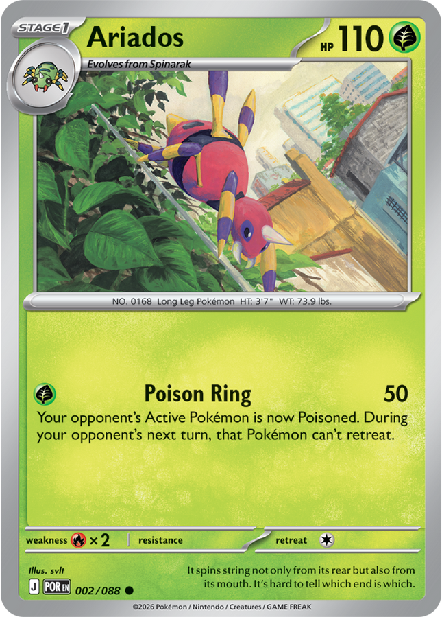 Carta Individual Pokémon Ariados 002/088, Stage 1 Pokémon 110 HP, set Perfect Order, Ilustración de svlt - Thunder Cards México
