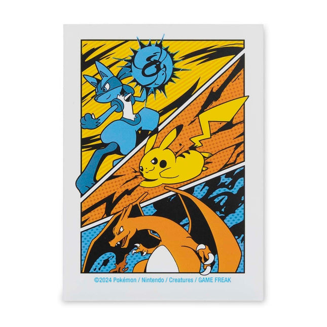 Paquete oficial de micas protectoras Pokémon Center colección Battle Start con arte estilo cómic de Pikachu, Charizard y Lucario.