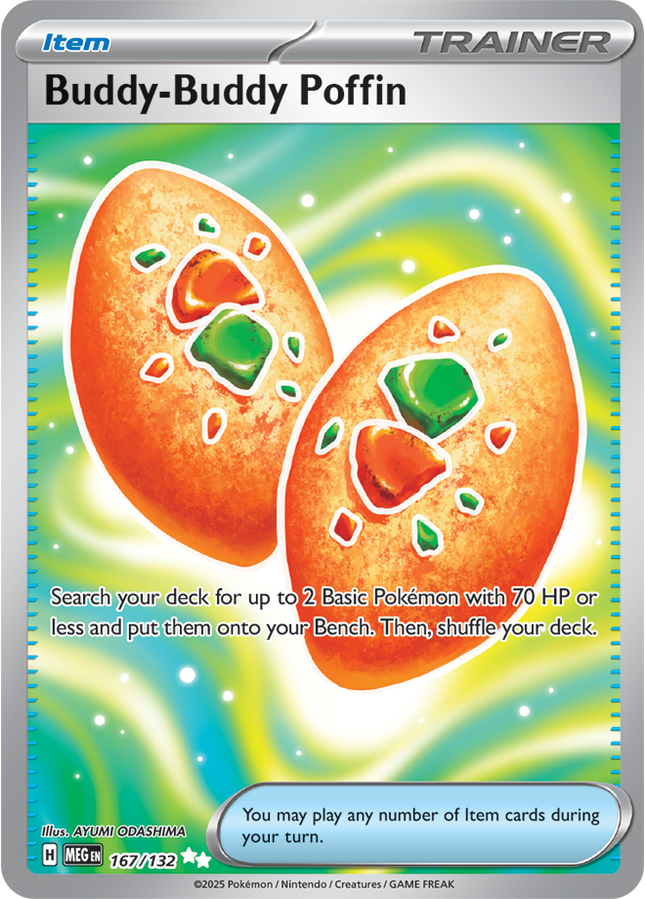 Carta Individual Pokémon Buddy-Buddy Poffin Ultra Rare (UR) 167/132, Supporter Trainer, set Mega Evolution, Ilustración de AYUMI ODASHIMA. - Thunder Cards México