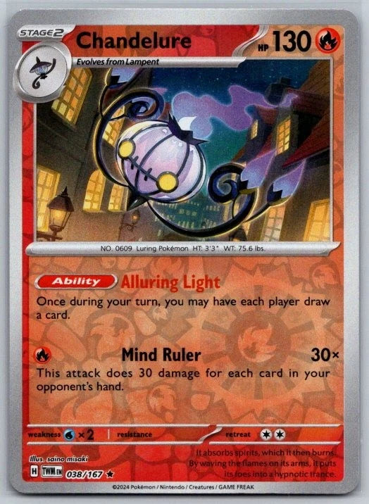 Carta Individual Pokémon Chandelure 038/167, set Twilight Masquerade,  Thunder Cards México, Reverse Holo
