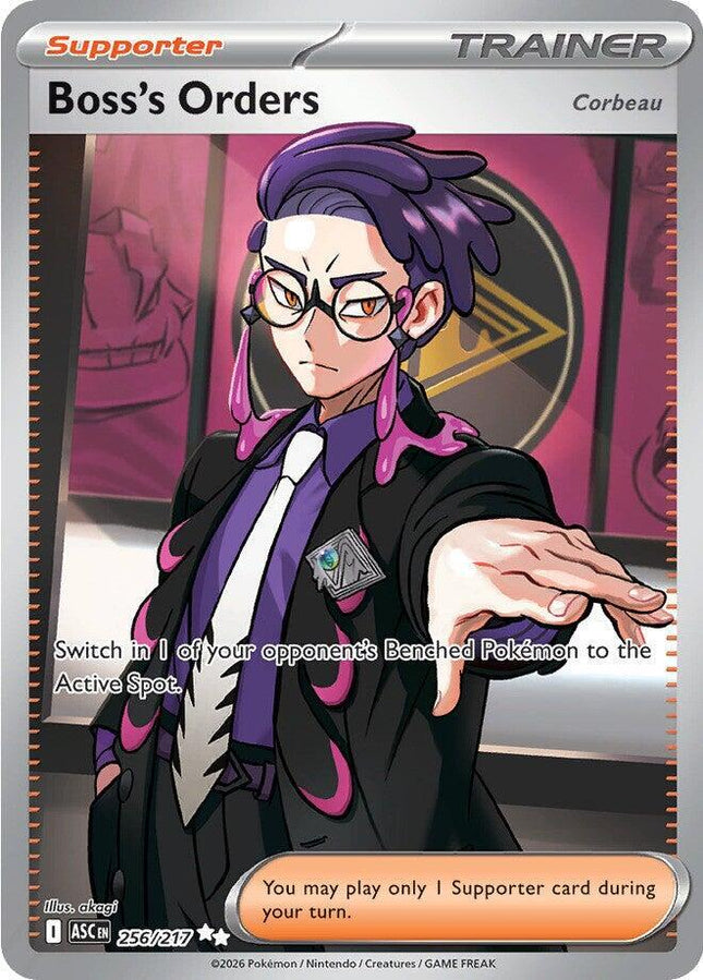 Carta Individual Pokémon Trainer Boss's Orders (Corbeau) 256/217, Supporter Trainer, set Ascended Heroes, Ilustración de akagi- Thunder Cards México
