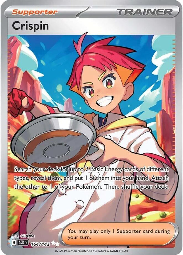Carta Individual Pokémon Trainer Crispin 164/142, Supporter Trainer, set Stellar Crown, Ilustración de GIDORA- Thunder Cards México