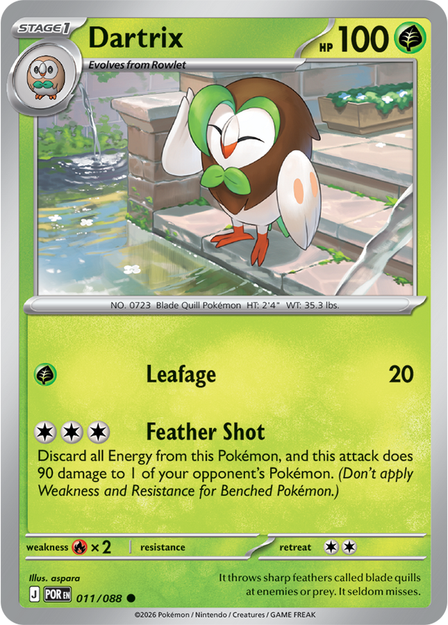 Carta Individual Pokémon Dartrix 011/088, Stage 1 Pokémon 100 HP, set Perfect Order, Ilustración de aspara- Thunder Cards México