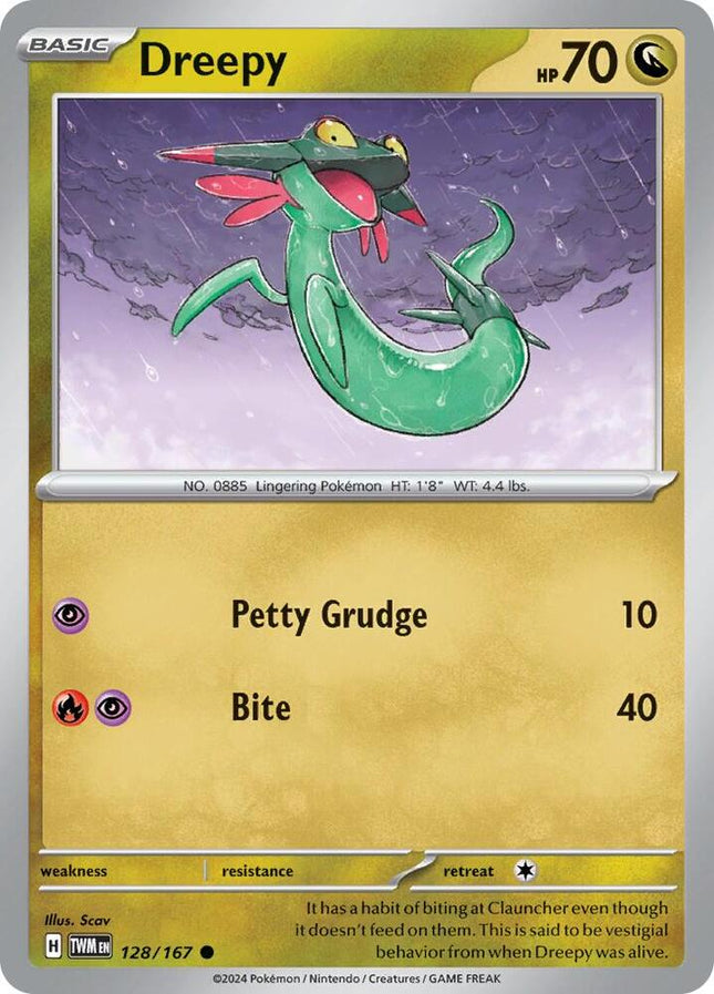 Carta Individual Pokémon Dreepy 128/167, BASIC Pokémon 70 HP, set Twilight Masquerade, Ilustración de Scav - Thunder Cards México