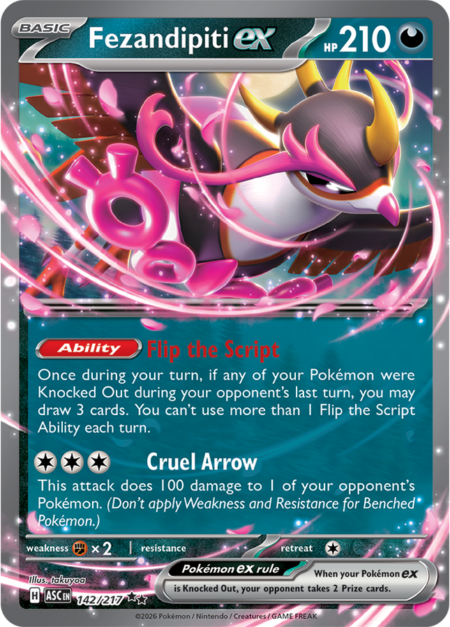 Carta Individual Pokémon Fezandipiti EX 142/217 , BASIC Pokémon 210 HP, set Ascended Heroes, Ilustración de takuyoa - Thunder Cards México