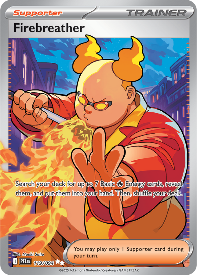 Carta Individual Pokémon Supporter Firebreather UR 119/094, Trainer, set Phantasmal Flames, Ilustración de Naoki Saito - Thunder Cards México