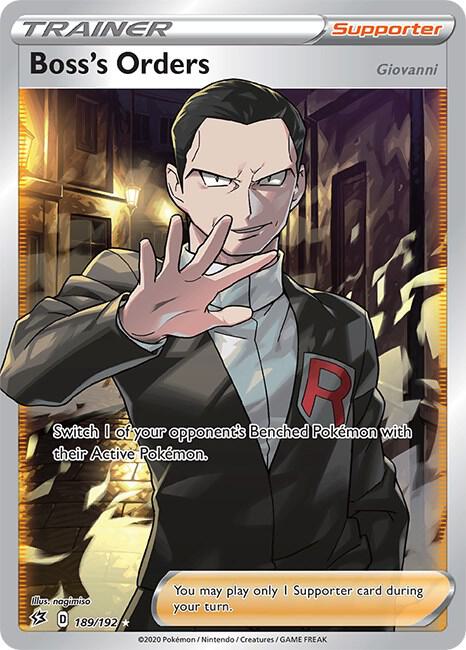 Carta Individual Pokémon Trainer Boss's Orders (Giovanni) 189/192, Supporter Trainer, set Rebel Clash, Ilustración de nagimiso- Thunder Cards México