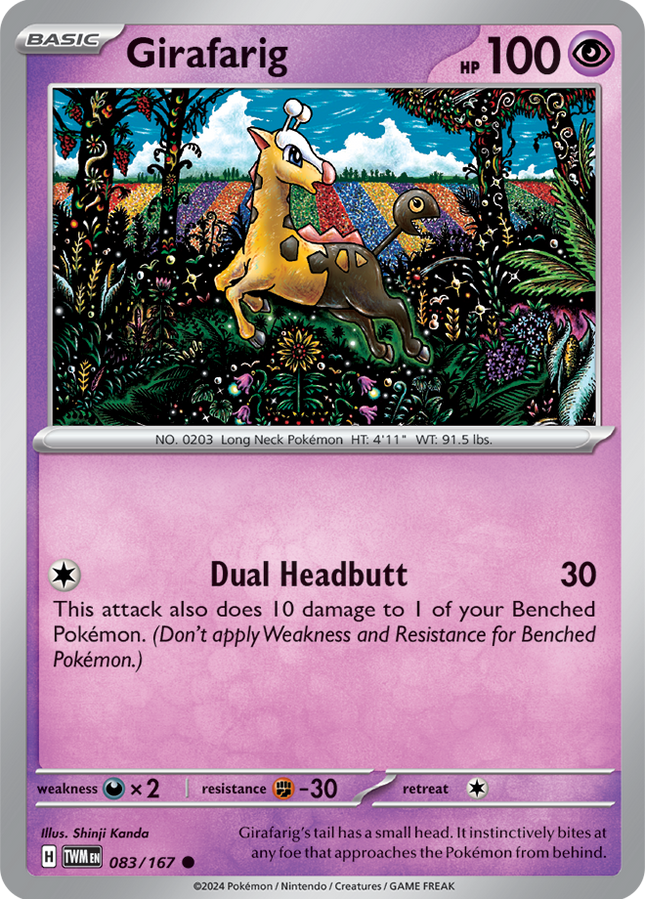 Carta Individual Pokémon Girafarig 083/167, , set Twilight Masquerade, Ilustración de Shinji Kanda - Thunder Cards México