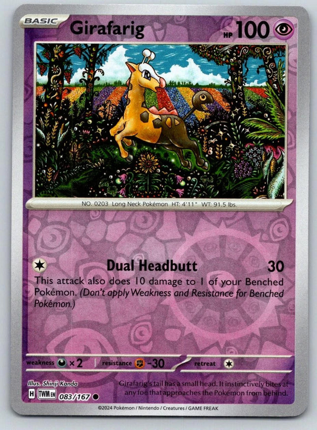 Carta Individual Pokémon Girafarig 083/167, , set Twilight Masquerade, Ilustración de Shinji Kanda - Thunder Cards México, Reverse Holo