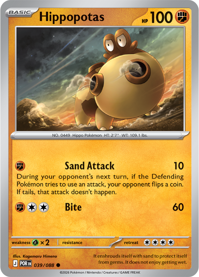 Carta Individual Pokémon Hippopotas 039/088, BASIC Pokémon 100 HP, set Perfect Order, Ilustración de Kogemaru Himeno - Thunder Cards México