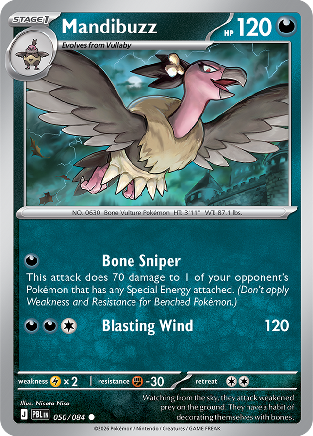 Carta individual Pokémon Mandibuzz 050/084, set Pitch Black, en Thunder Cards México