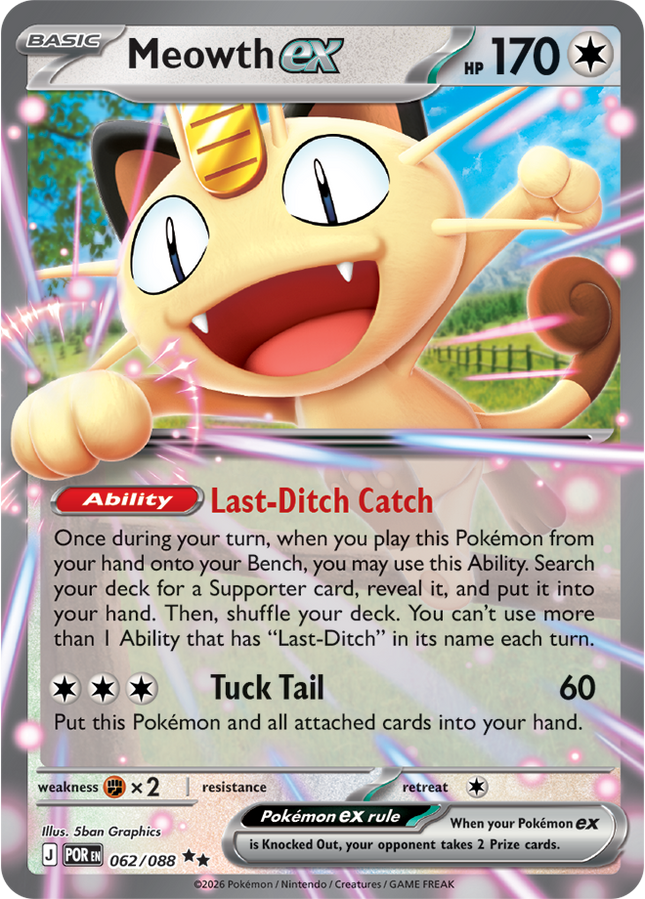 Carta Individual Pokémon Meowth EX 062/088 , BASIC Pokémon 170 HP, set Perfect Order, Ilustración de 5ban Graphics - Thunder Cards México