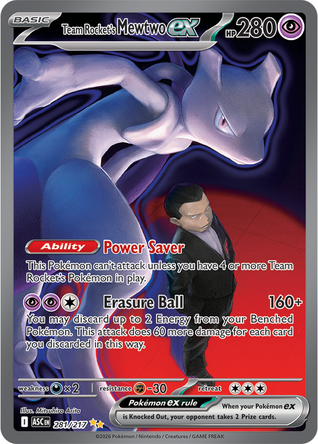 Carta Pokémon Team Rocket's Mewtwo EX (SIR) 281/217 del set Ascended Heroes de Pokémon TCG en Thunder Cards
