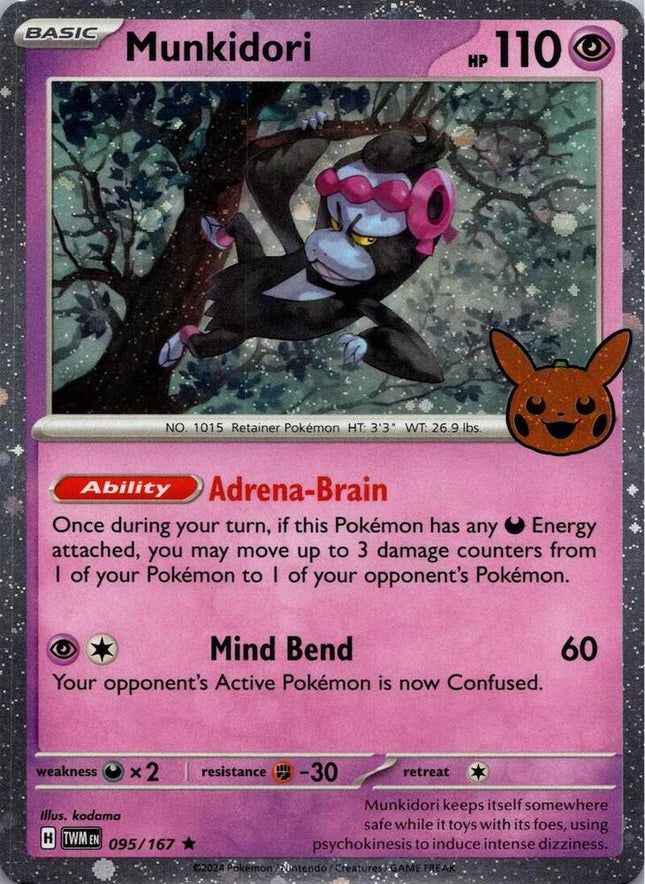 Carta Individual Pokémon Munkidori Cosmos Holo 095/167, BASIC Pokémon 110 HP, set Trick or Trade 2024, Ilustración de kodama - Thunder Cards México