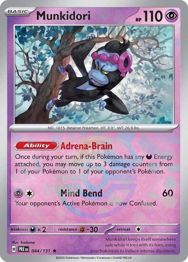 Carta Individual Pokémon Munkidori Master Ball Pattern 044/131 , BASIC Pokémon 110 HP, set Prismatic Evolutions, Ilustración de kodama - Thunder Cards México