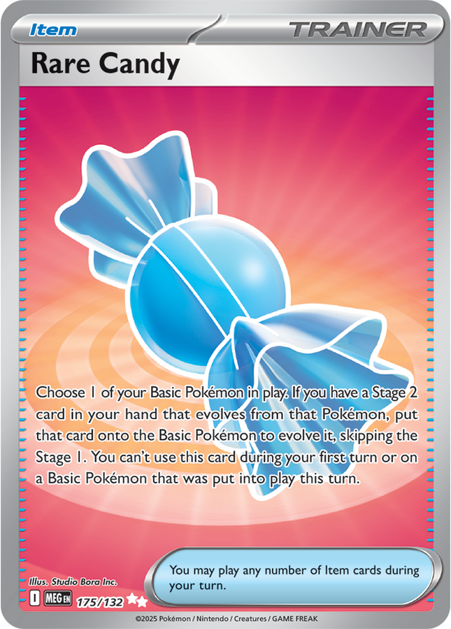 Carta Individual Pokémon Trainer Rare Candy 175/132, Item Trainer, set Mega Evolution, Ilustración de Studio Bora Inc. - Thunder Cards México