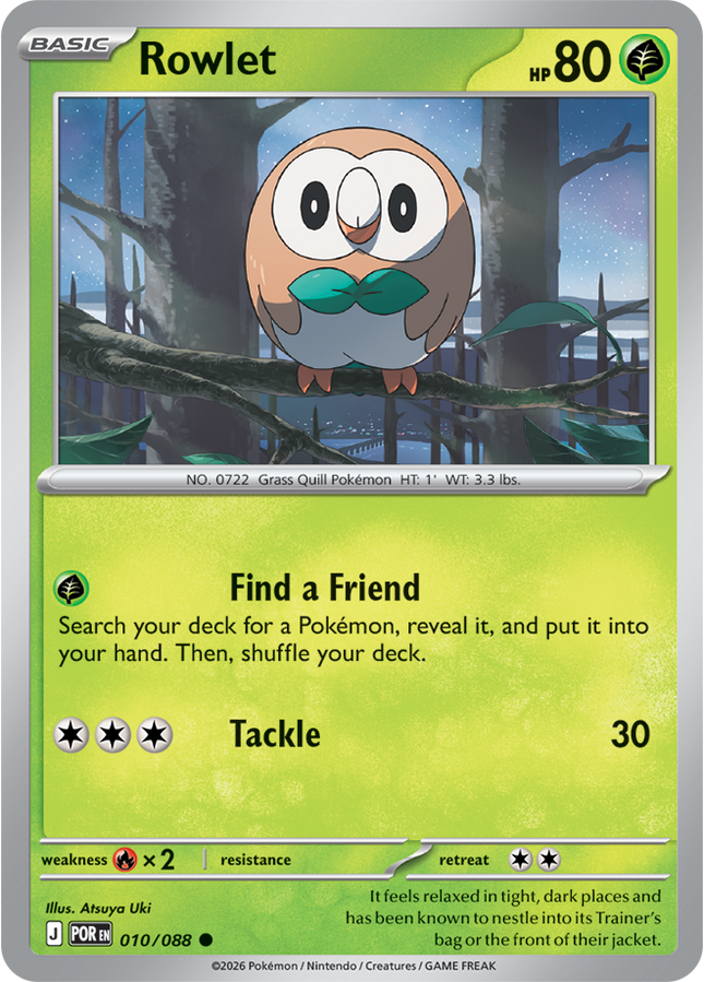 Carta Individual Pokémon Rowlet 010/088, BASIC Pokémon 80 HP, set Perfect Order, Ilustración de Atsuya Uki - Thunder Cards México