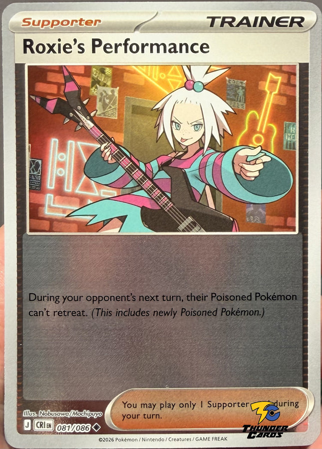 Carta Partidario Pokémon Roxie's Performance Reverse 081/086, set Chaos Rising, Ilustración de Nobusawa/ Machipuyo - Thunder Cards México