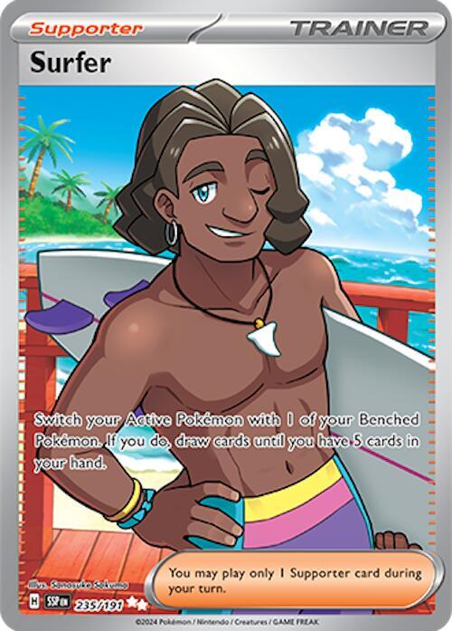 Carta Individual Pokémon Trainer Surfer 235/191, Supporter Trainer, set Surging Sparks, Ilustración de Sanosuke Sakuma - Thunder Cards México