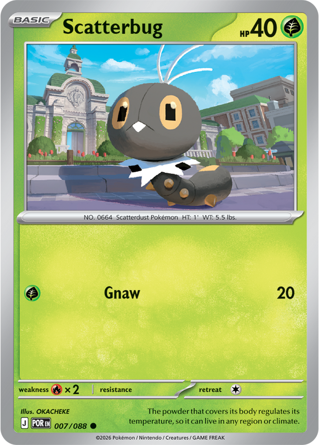 Carta Individual Pokémon Scatterbug 007/088, BASIC Pokémon 40 HP, set Perfect Order, Ilustración de OKACHEKE - Thunder Cards México