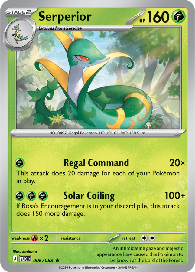 Carta Individual Pokémon Serperior 006/088, Stage 2 Pokémon 160 HP, set Perfect Order, Ilustración de kodama - Thunder Cards México