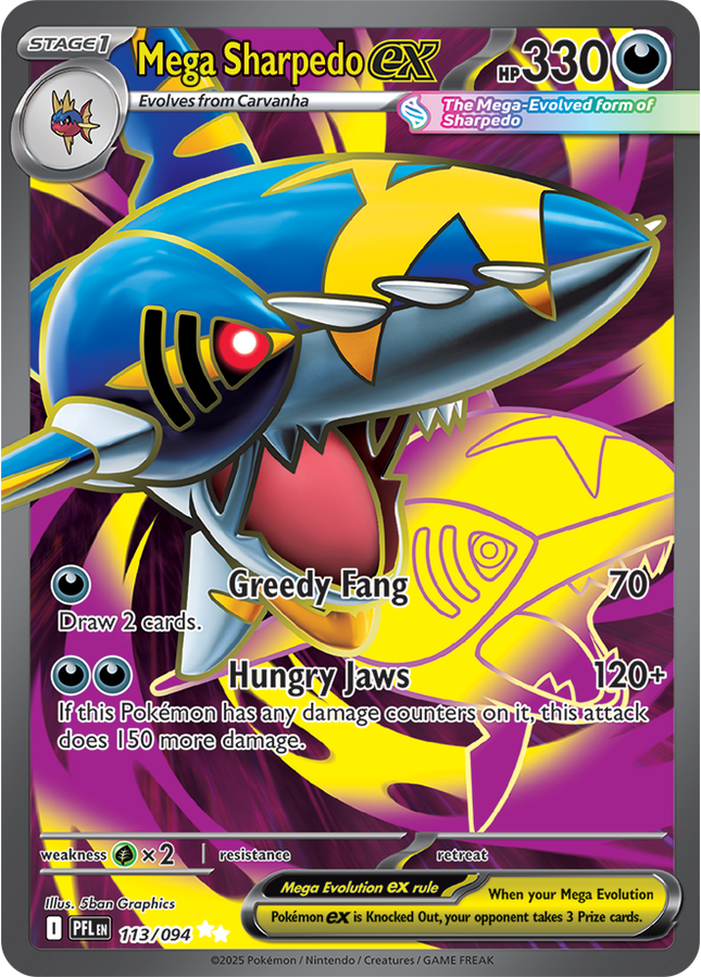 Carta Individual Pokémon Mega Sharpedo EX Ultra Rare 113/094, Trainer, set Phantasmal Flames, Ilustración de 5ban Graphics - Thunder Cards México