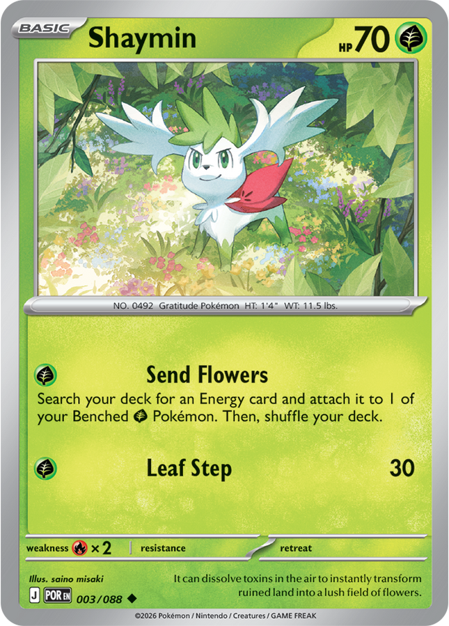 Carta Individual Pokémon Shaymin 003/088, BASIC Pokémon 70 HP, set Perfect Order, Ilustración de saino misaki - Thunder Cards México