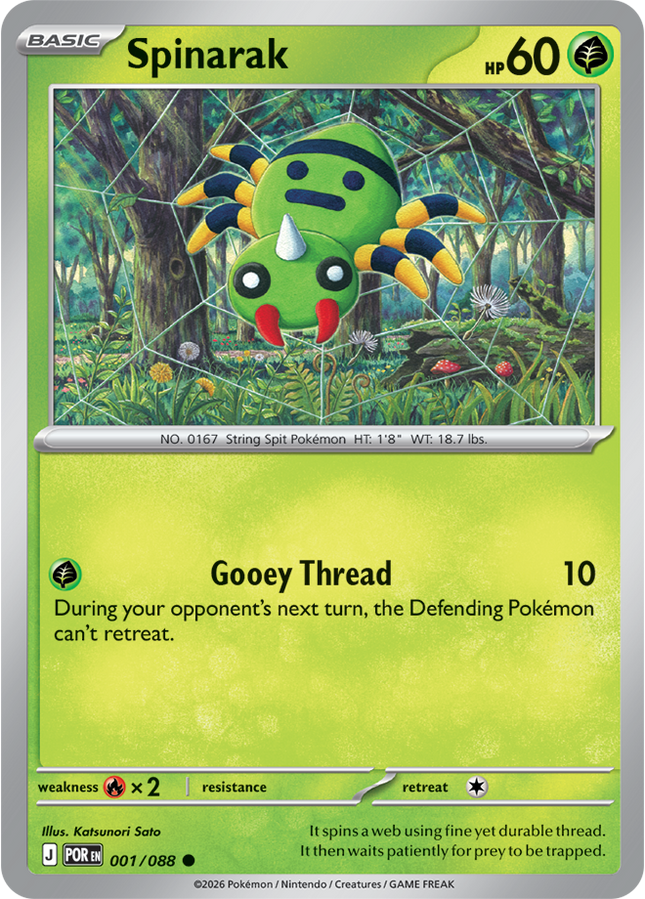 Carta Individual Pokémon Spinarak 001/088, BASIC Pokémon 60 HP, set Perfect Order, Ilustración de Katsunori Sato - Thunder Cards México