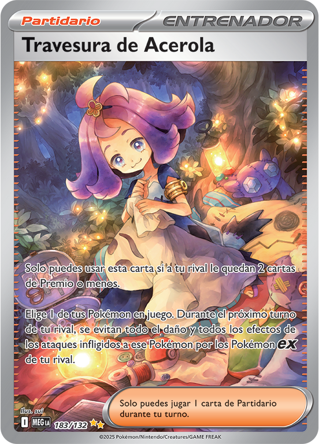 Carta Individual Pokémon Trainer Travesura de Acerola 183/132, Supporter Trainer, set Mega Evolution, Thunder Cards México Carta en Español