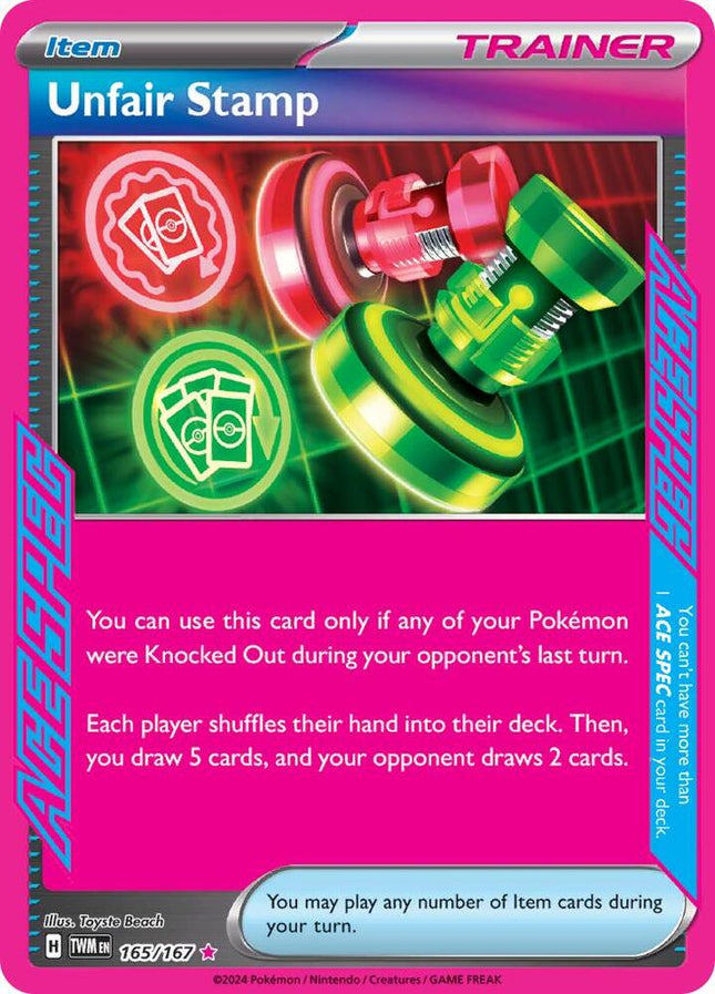 Carta Individual Pokémon Unfair Stamp ACE SPEC 165/167 - ITEM Trainer ACE SPEC, set Twilight Masquerade Ilustración de Toyste Beach- Thunder Cards México 