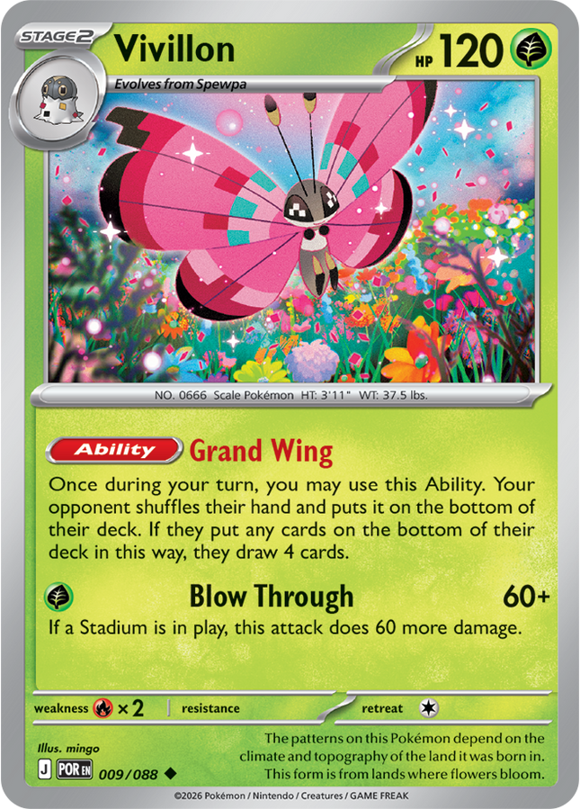 Carta Individual Pokémon Vivillon 009/088, Stage 2 Pokémon 120 HP, set Perfect Order, Ilustración de mingo - Thunder Cards México