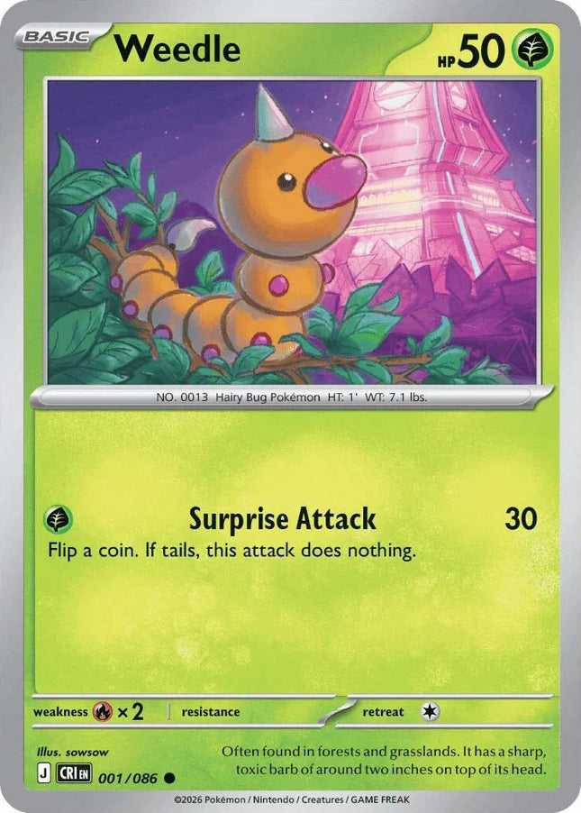Carta individual Pokémon Weedle 001/086 común, set Chaos Rising, ilustración de sowsow - Thunder Cards México.