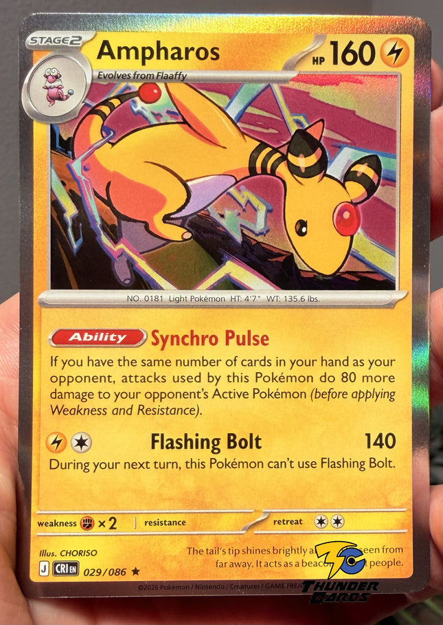 Carta individual Pokémon Ampharos 029/086, rareza rara, Stage 2, 160 HP, set Chaos Rising (CRI). Ilustración de estilo cómic y dinámico de Ampharos liberando destellos eléctricos por CHORISO - Thunder Cards México.