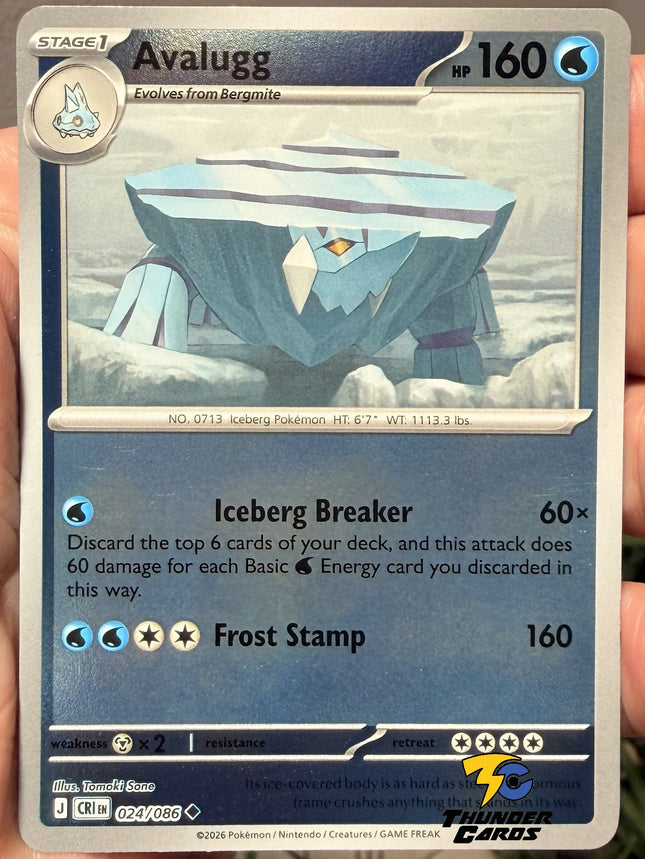 Carta individual Pokémon Avalugg Reverse 024/086, rareza infrecuente, Stage 1, 160 HP, set Chaos Rising (CRI). Ilustración de Avalugg en un paisaje de bloques de hielo por Tomoki Sone - Thunder Cards México