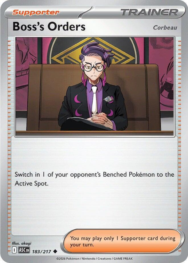 Carta Individual Pokémon Trainer Boss's Orders (Corbeau) 183/217, Supporter Trainer, set Ascended Heroes, Ilustración de akagi- Thunder Cards México