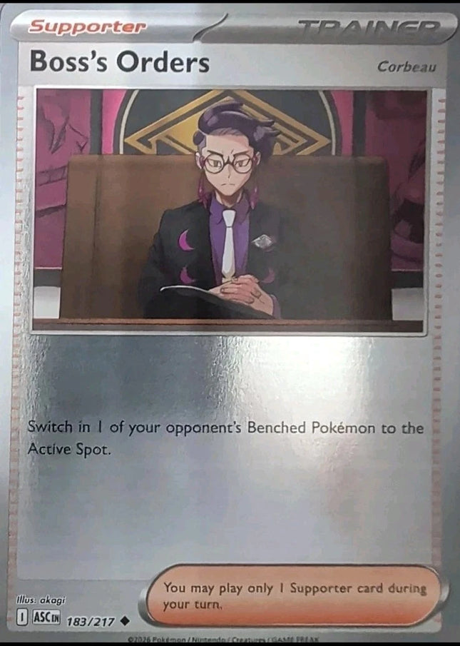 Carta Individual Pokémon Trainer Boss's Orders (Corbeau) Reverse 183/217, Supporter Trainer, set Ascended Heroes, Ilustración de akagi- Thunder Cards México