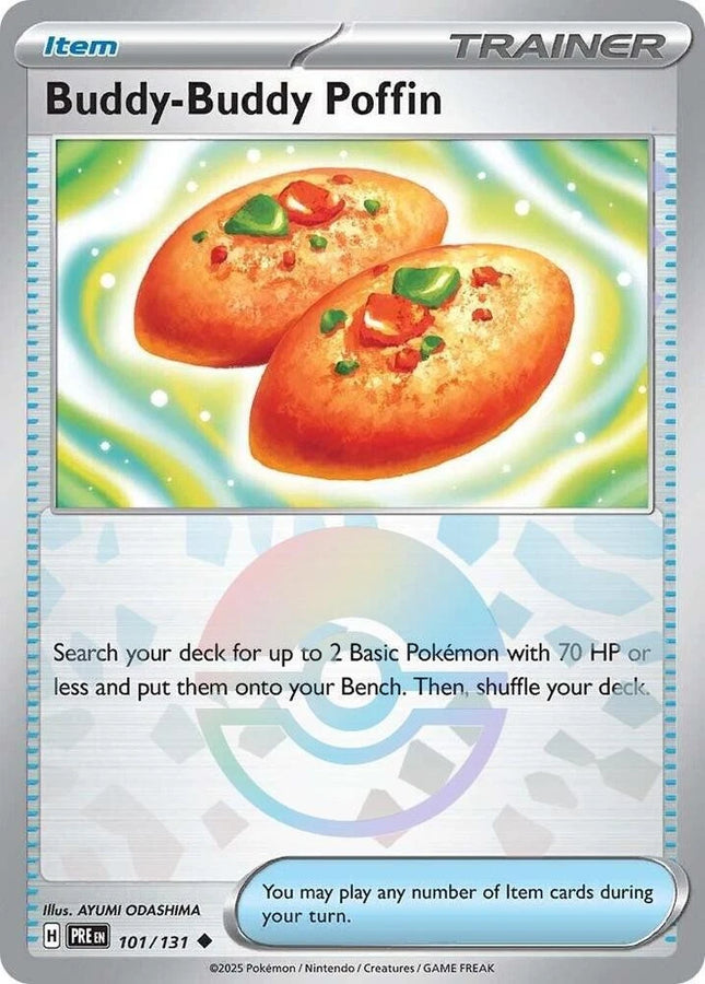 Carta Individual Pokémon Buddy-Buddy Poffin 101/131, Supporter Trainer, set Prismatic Evolution, Ilustración de AYUMI ODASHIMA. - Thunder Cards México