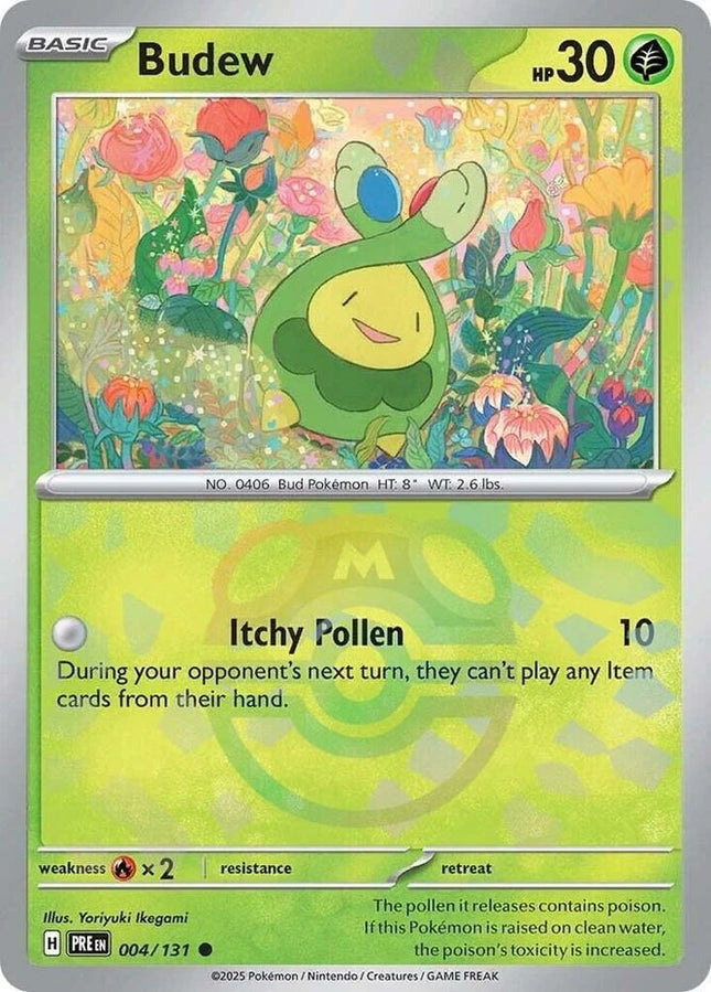 Carta Individual Pokémon Budew Masterball Pattern 004/131 , BASIC Pokémon 30 HP, set Prismatic Evolutions, Ilustración de Yoriyuki Ikegami- Thunder Cards México