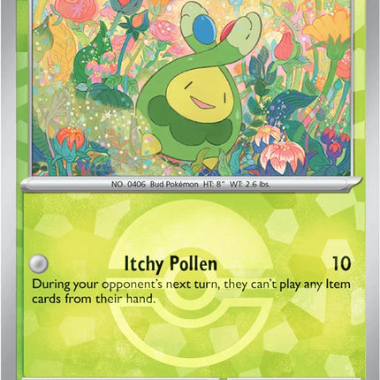 Carta Individual Pokémon Budew Pokeball Pattern 004/131 , BASIC Pokémon 30 HP, set Prismatic Evolutions, Ilustración de Yoriyuki Ikegami- Thunder Cards México