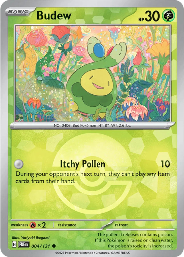 Carta Individual Pokémon Budew Pokeball Pattern 004/131 , BASIC Pokémon 30 HP, set Prismatic Evolutions, Ilustración de Yoriyuki Ikegami- Thunder Cards México