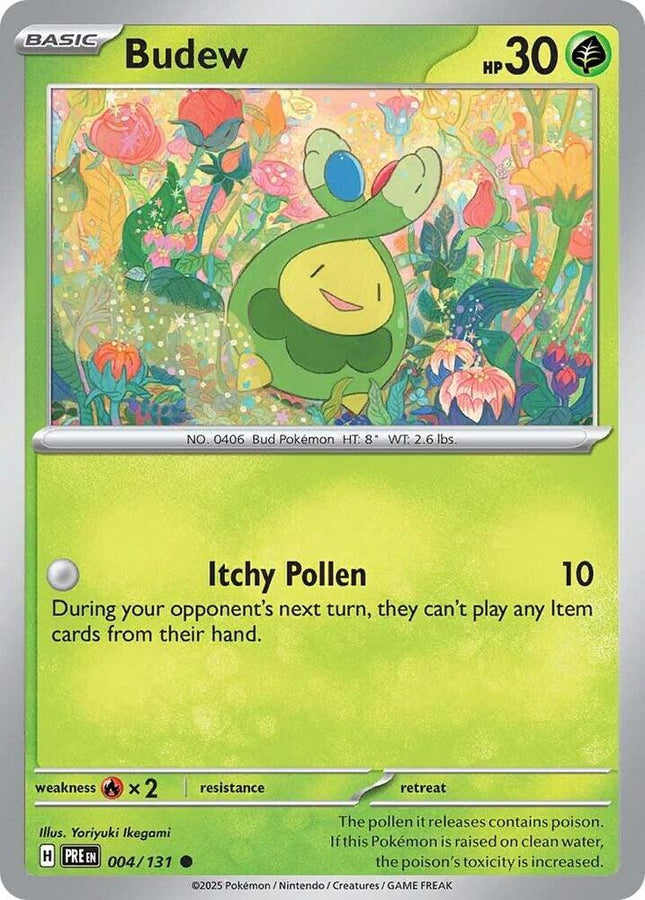 Carta Individual Pokémon Budew 004/131 , BASIC Pokémon 30 HP, set Prismatic Evolutions, Ilustración de Yoriyuki Ikegami- Thunder Cards México