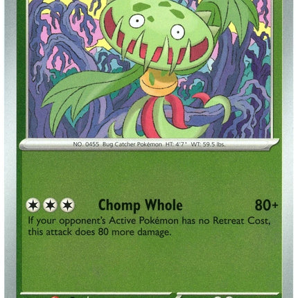 Carta individual Pokémon Carnivine Reverse 004/086 común, Basic, set ME4 Chaos Rising. Ilustración estilizada de Carnivine entre enredaderas moradas por Heisuke Kitazawa - Thunder Cards México.