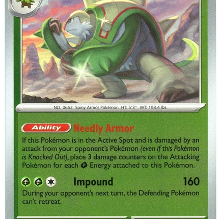 Carta individual de Pokémon TCG Chesnaught Reverse 007/086 rara, Stage 2, set ME4 Chaos Rising. Ilustración de Chesnaught en posición de combate en un entorno rocoso por Kouki Saitou - Thunder Cards México.