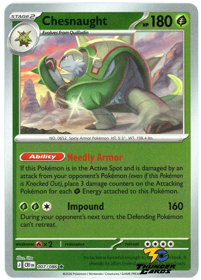 Carta individual de Pokémon TCG Chesnaught Reverse 007/086 rara, Stage 2, set ME4 Chaos Rising. Ilustración de Chesnaught en posición de combate en un entorno rocoso por Kouki Saitou - Thunder Cards México.