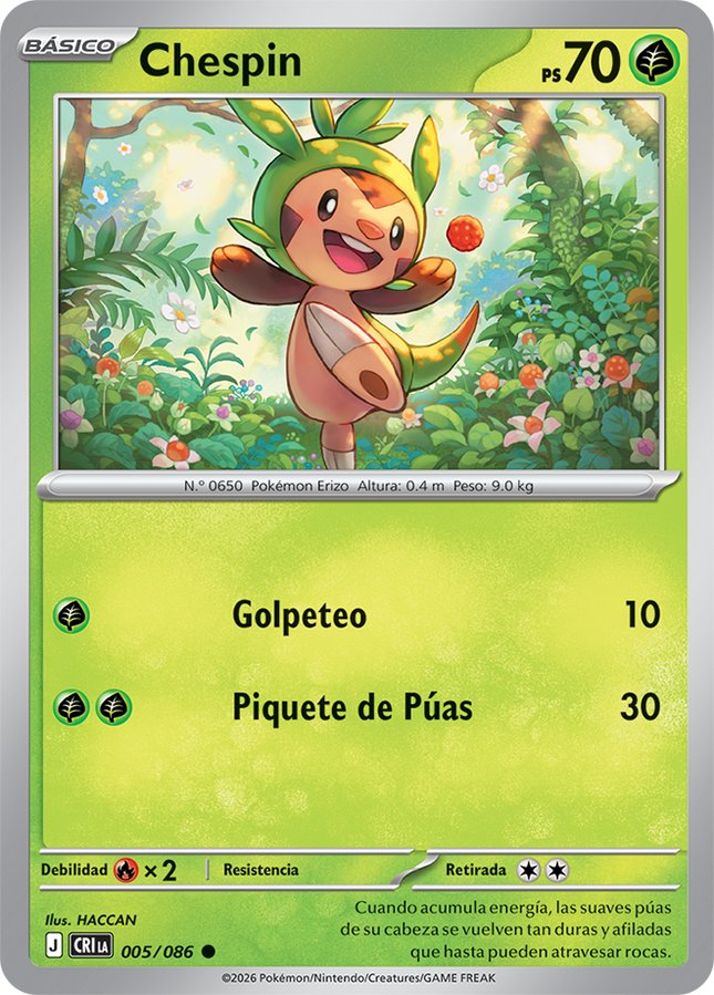 Carta individual Pokémon Chespin 005/086 común, Basic, set ME4 Chaos Rising. Ilustración alegre de Chespin en un bosque iluminado por el sol, por HACCAN - Thunder Cards México.