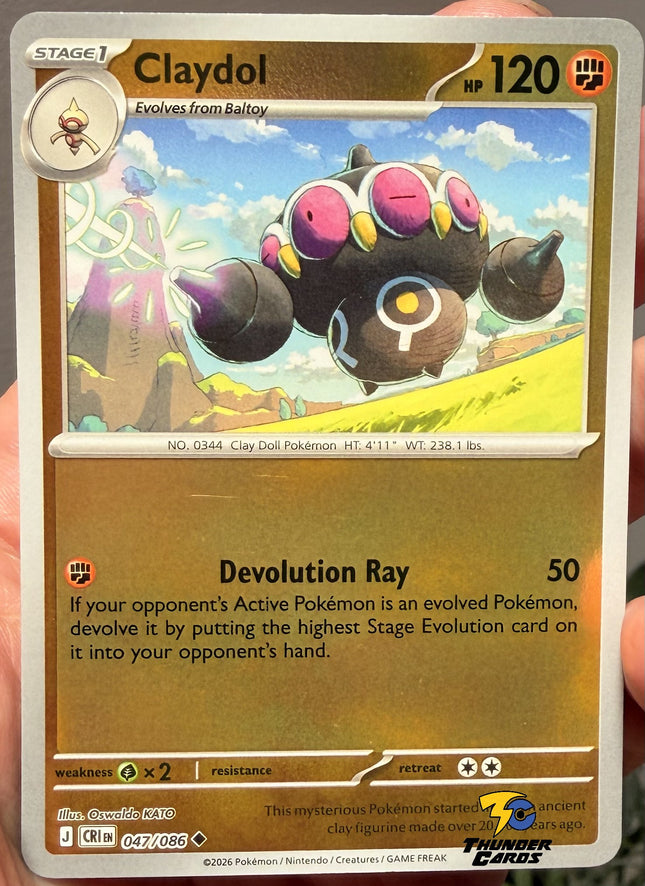 Carta Individual Pokémon Claydol Reverse 047/086, Stage 1 Pokémon 120 HP, set Chaos Rising, Ilustración de Oswaldo KATO - Thunder Cards México