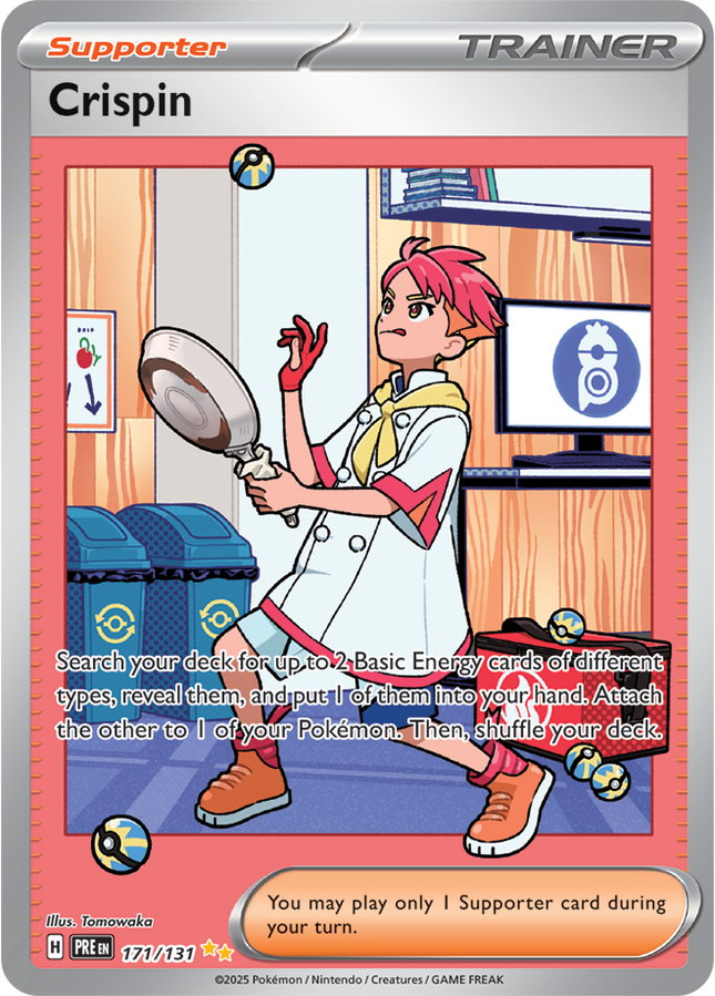 Carta Individual Pokémon Trainer Crispin Special Illustration Rare 171/131, Supporter Trainer, set Prismatic Evolutions, Ilustración de Tomowaka- Thunder Cards México