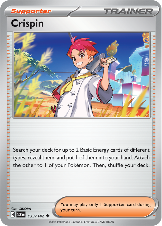 Carta Individual Pokémon Trainer Crispin 133/142, Supporter Trainer, set Stellar Crown, Ilustración de GIDORA- Thunder Cards México