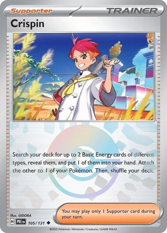 Carta Individual Pokémon Trainer Crispin Pokeball Pattern 105/131, Supporter Trainer, set Prismatic Evolutions, Ilustración de GIDORA- Thunder Cards México